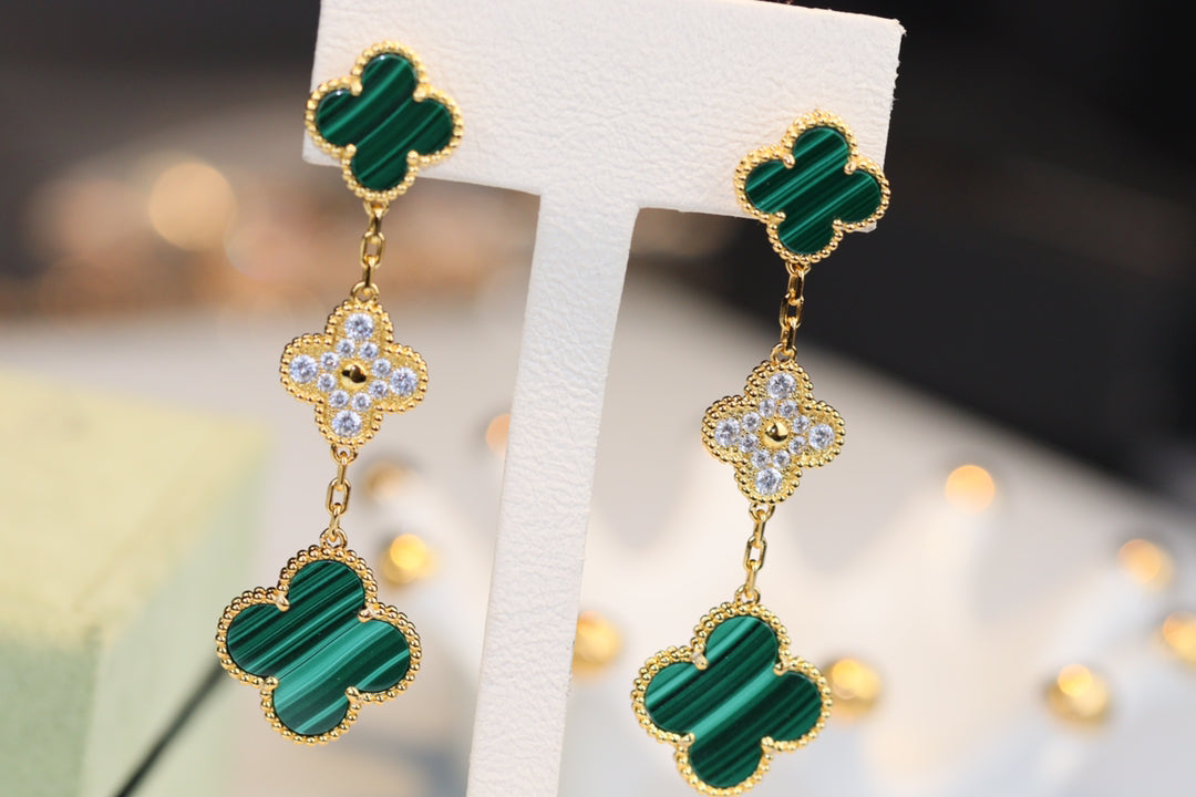 [LUXORA]CLOVER EARRINGS GOLD MALACHITE DIAMOND 3 MOTIF