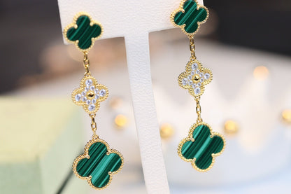 [LUXORA]CLOVER EARRINGS GOLD MALACHITE DIAMOND 3 MOTIF