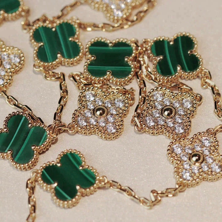 [LUXORA]CLOVER 20 MOTIFS MALACHITE DIAMOND NECKLACE