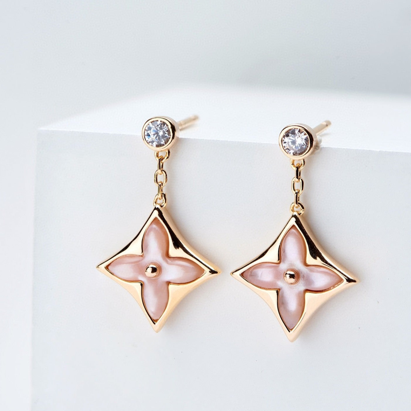 [LUXORA]DOUBLE STAR PINK GOLD MOP DROP EARRINGS