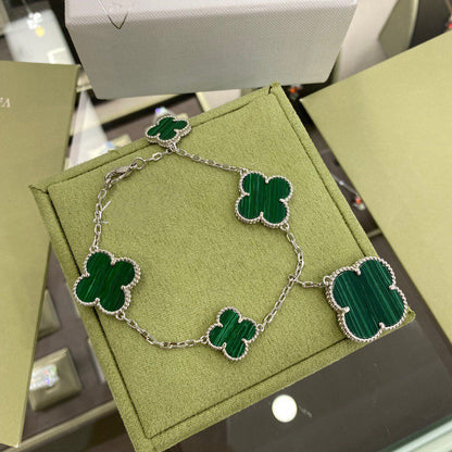 [LUXORA]CLOVER 5 MOTIFS SIVLER MALACHITE BRACELET