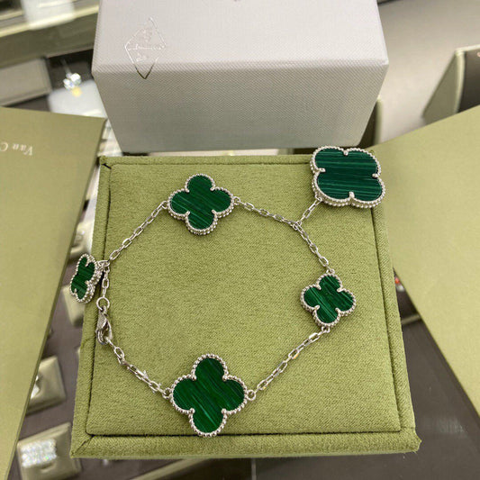 [LUXORA]CLOVER 5 MOTIFS SIVLER MALACHITE BRACELET