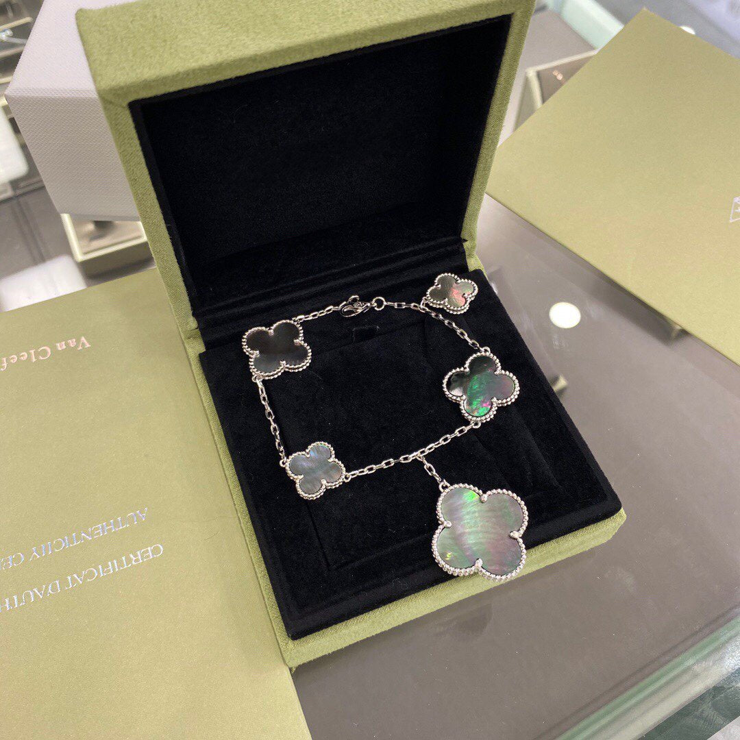 [LUXORA]CLOVER 5 MOTIFS SIVLER DARK MOP BRACELET