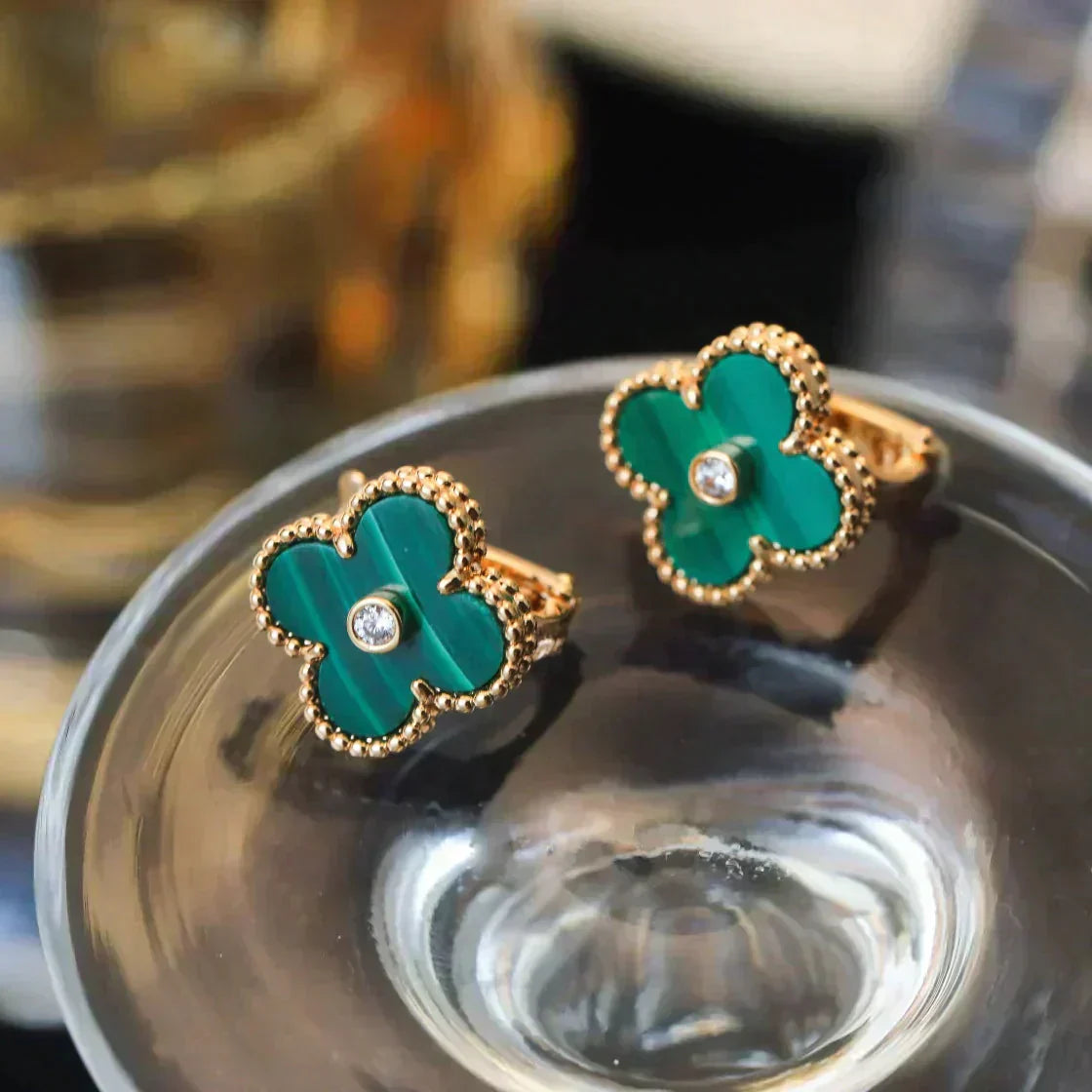 [LUXORA]CLOVER MEDIUM 1 MOTIFS MALACHITE DIAMOND EARRINGS