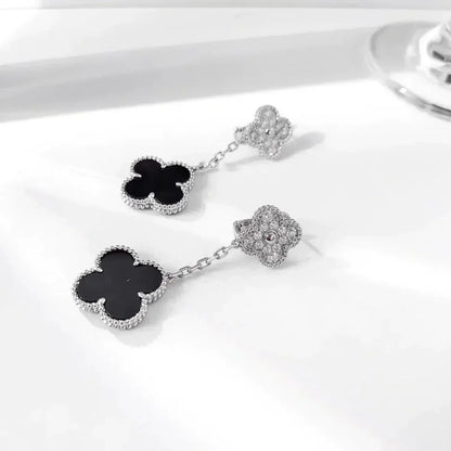 [LUXORA]CLOVER 2 MOTIFS  DIAMOND ONYX EARRINGS SILVER