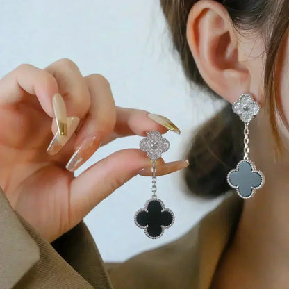 [LUXORA]CLOVER 2 MOTIFS  DIAMOND ONYX EARRINGS SILVER