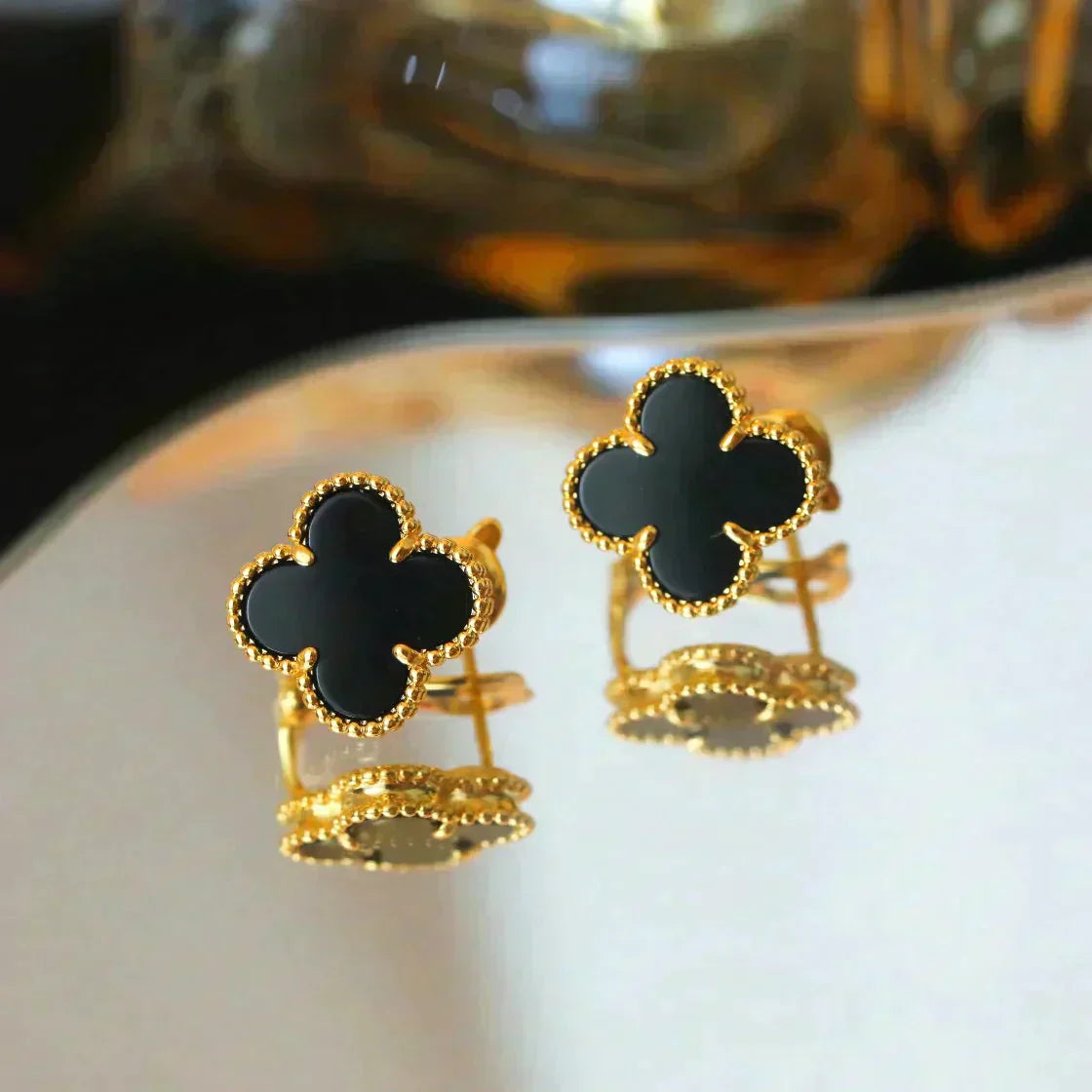 [LUXORA]CLOVER MEDIUM 1 MOTIFS  ONYX STUD EARRINGS