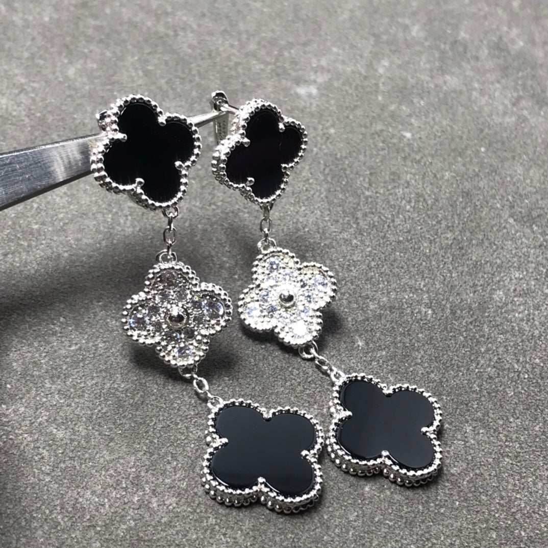 [LUXORA]CLOVER 3 MOTIF DIAMOND ONYX SILVER EARRINGS