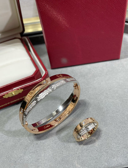 [LUXORA]LOVE PINK GOLD SILVER DIAMOND DOUBLE RING