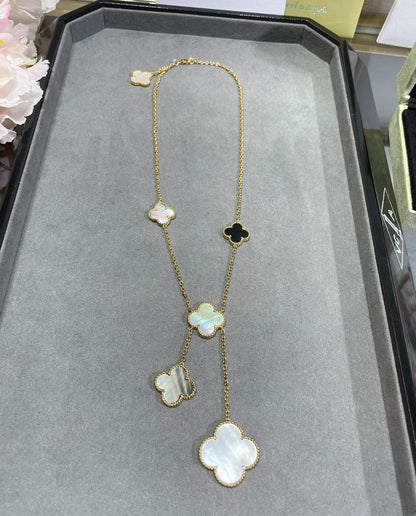 [LUXORA]CLOVER 6 MOTIF MOP ONYX GOLD NECKLACE