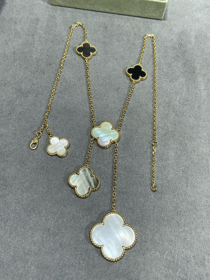 [LUXORA]CLOVER 6 MOTIF MOP ONYX GOLD NECKLACE