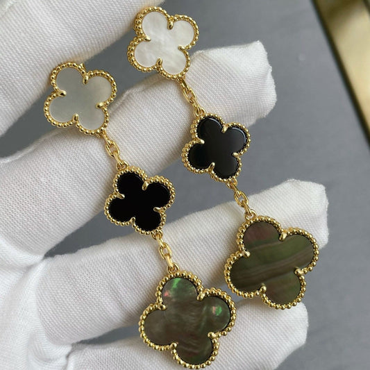 [LUXORA]CLOVER 3 MOTIF MOP ONYX DARK MOP PINK GOLD EARRINGS
