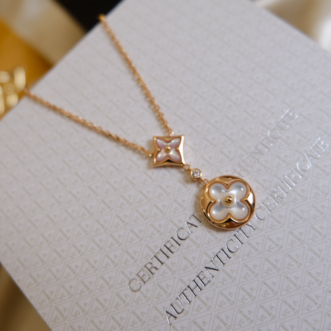 [LUXORA]STAR AND SUN WHITE MOP 2 MOTIF PINK GOLD NECKLACE