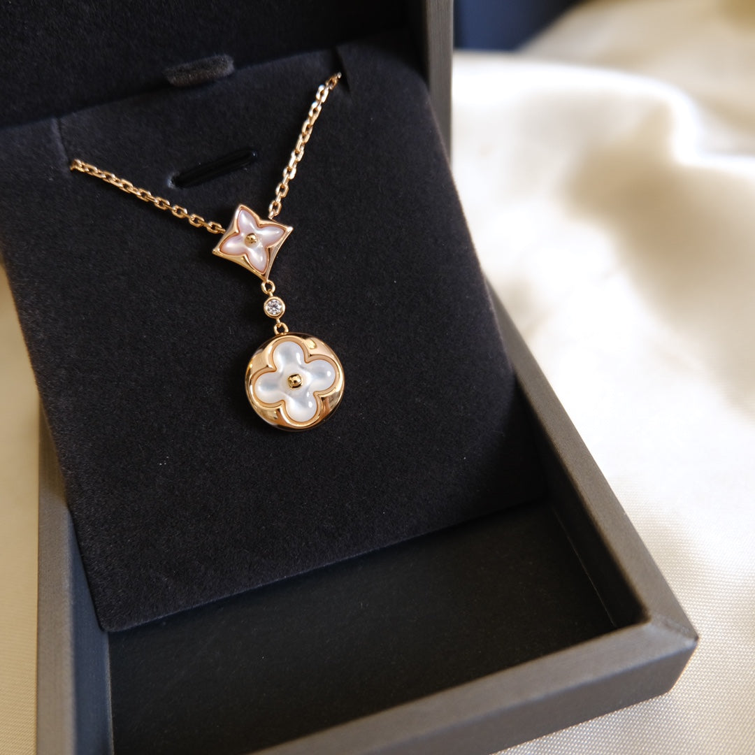 [LUXORA]STAR AND SUN WHITE MOP 2 MOTIF PINK GOLD NECKLACE