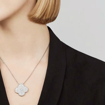[LUXORA]CLOVER 25MM LARGE PENDANT DIAMOND PAVED SILVER NECKLACE
