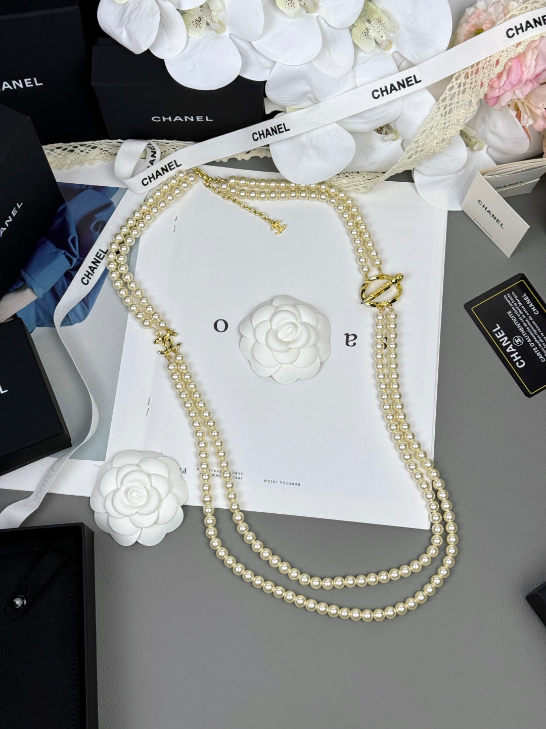 [LUXORA]25K Pencil Double C Double-Layer Pearl Sweater Chain