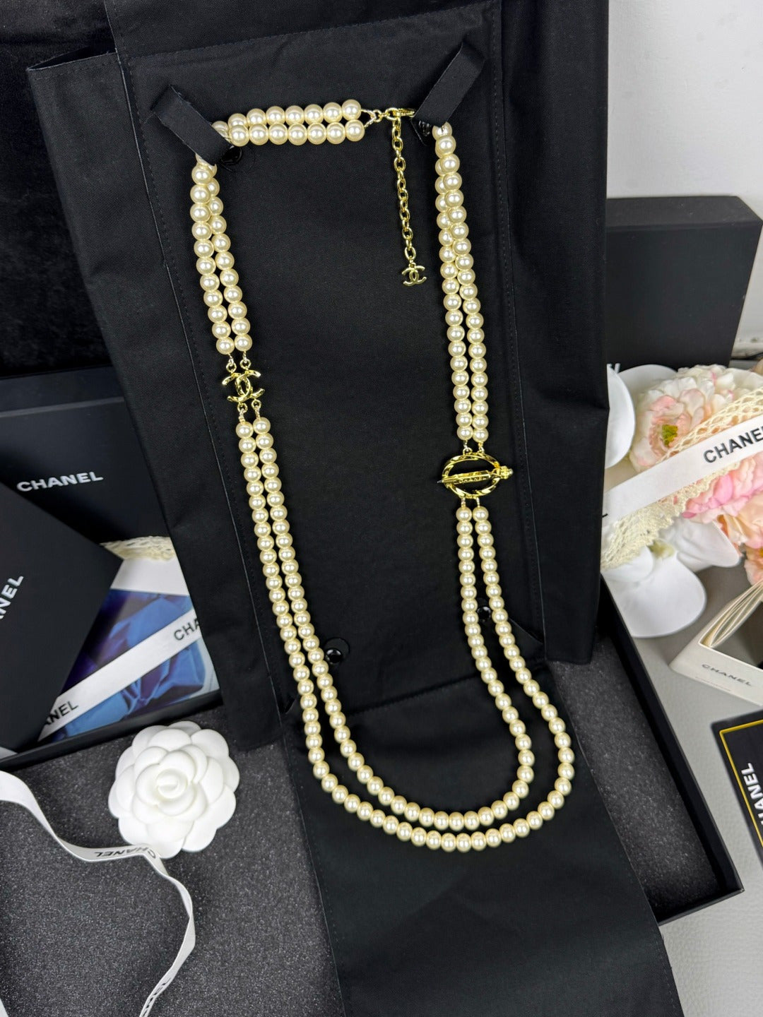 [LUXORA]25K Pencil Double C Double-Layer Pearl Sweater Chain