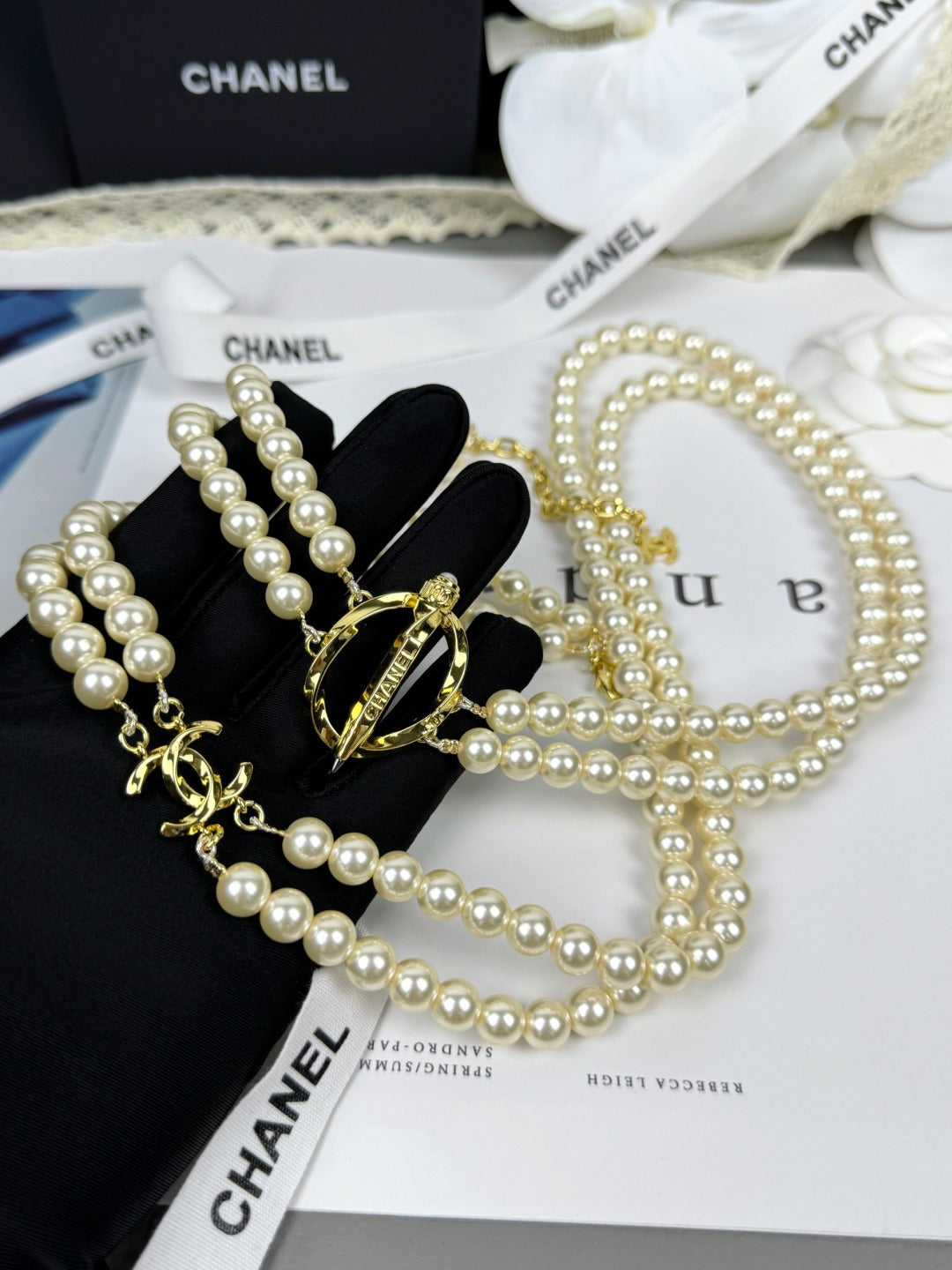 [LUXORA]25K Pencil Double C Double-Layer Pearl Sweater Chain