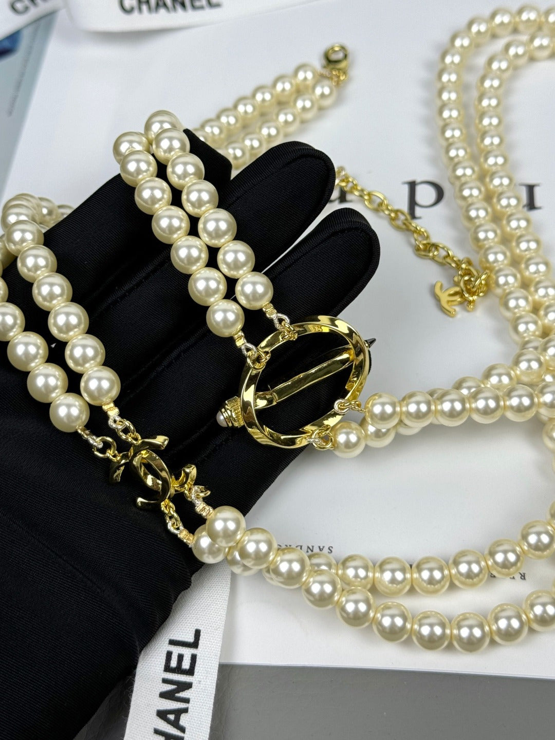 [LUXORA]25K Pencil Double C Double-Layer Pearl Sweater Chain