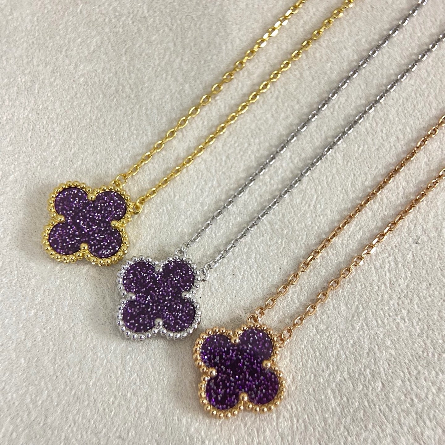 [⭐JeweliWhal]NEW 15MM PURPLE SAND-GOLD FOUR-LEAF CLOVER NECKLACE
