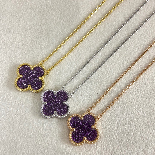 [⭐JeweliWhal]NEW 15MM PURPLE SAND-GOLD FOUR-LEAF CLOVER NECKLACE