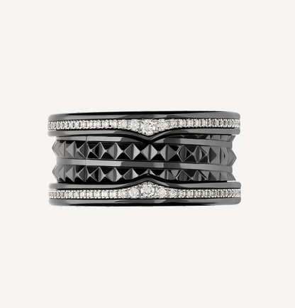 [LUXORA]ZERO 1 ROCK FOUR-BAND BLACK CERAMIC WITH STUDDED SPIRAL AND PAVED DIAMONDS RING