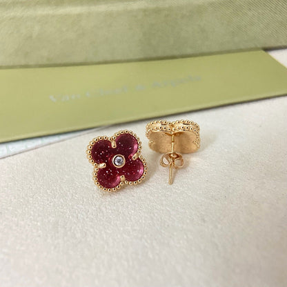 [⭐JeweliWhal]2026 NEW  CLOVER 1 MOTIFPINK ENAMEL STUD EARRINGS WITH DIAMONDS