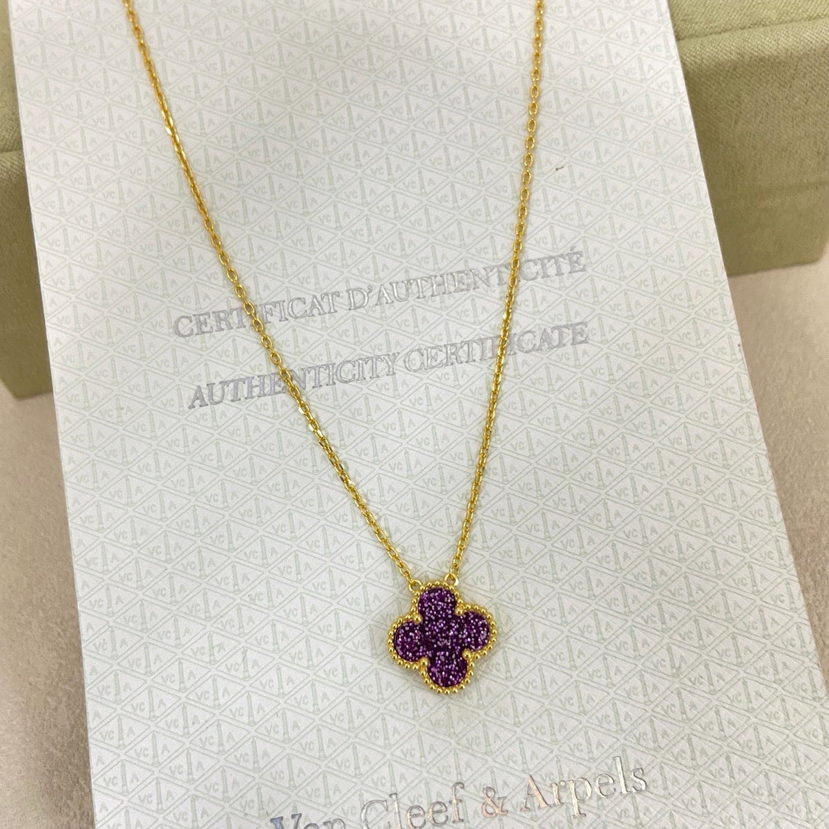 [⭐JeweliWhal]NEW 15MM PURPLE SAND-GOLD FOUR-LEAF CLOVER NECKLACE