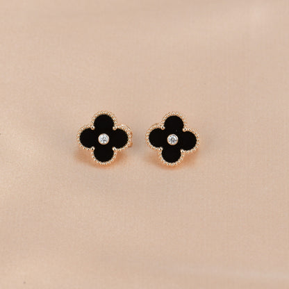 [LUXORA]CLOVER MEDIUM 1 MOTIFS ONYX DIAMOND EARRINGS