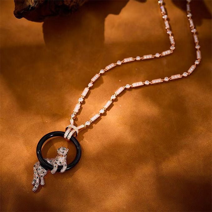 [LUXORA jewelrys]NEW BLACK CIRCLE PANTHER FULL DIAMOND NECKLACE
