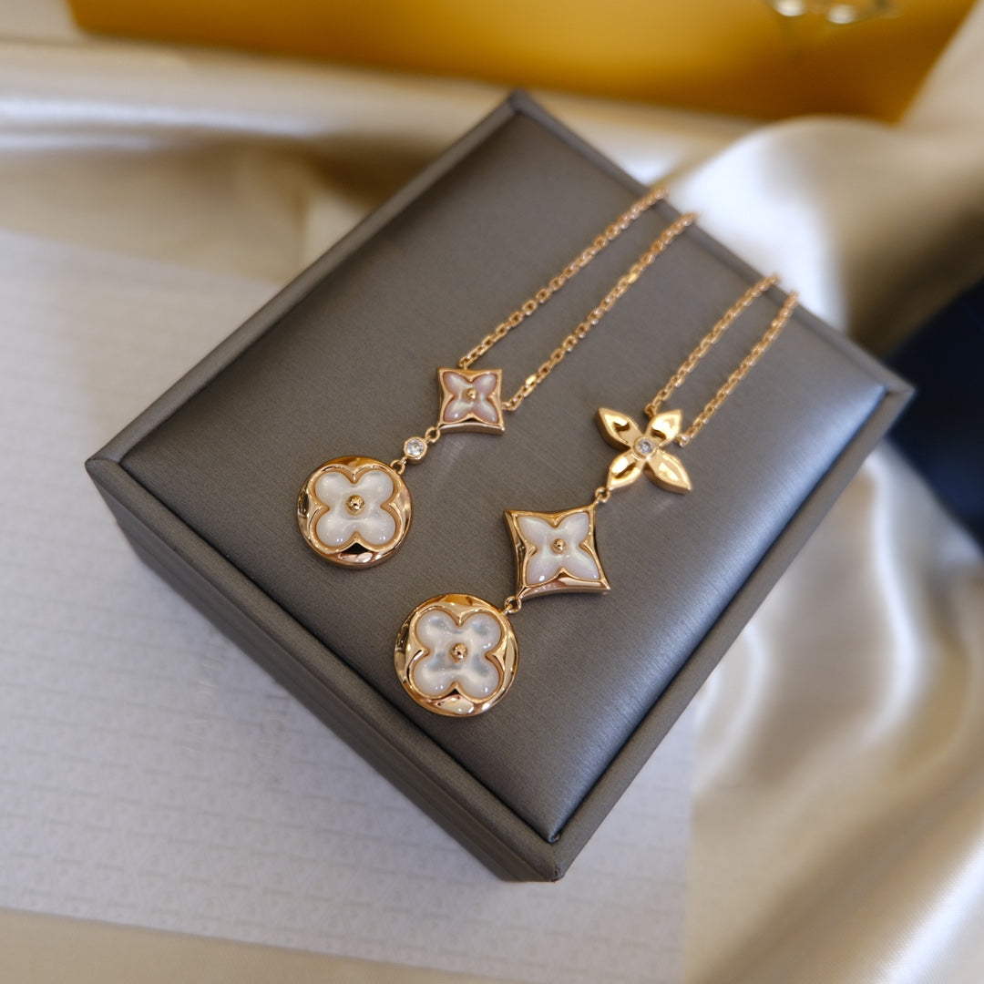 [LUXORA]COLOR BLOSSOM LARIAT NECKLACE PINK GOLD WHITE MOTHER PEARL AND DIAMOND
