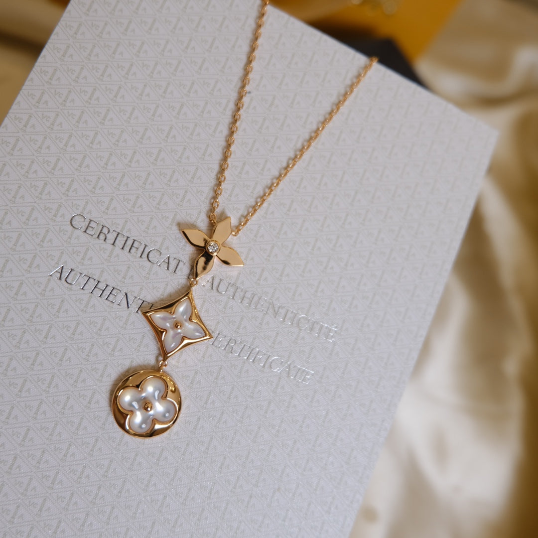 [LUXORA]COLOR BLOSSOM LARIAT NECKLACE PINK GOLD WHITE MOTHER PEARL AND DIAMOND