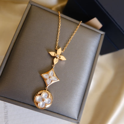 [LUXORA]COLOR BLOSSOM LARIAT NECKLACE PINK GOLD WHITE MOTHER PEARL AND DIAMOND
