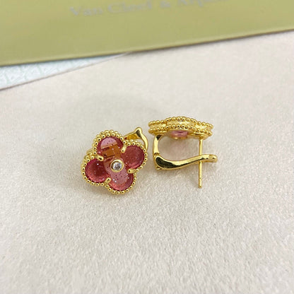 [⭐JeweliWhal]2026 NEW  CLOVER 1 MOTIFPINK ENAMEL STUD EARRINGS WITH DIAMONDS2