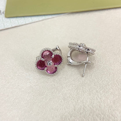 [⭐JeweliWhal]2026 NEW  CLOVER 1 MOTIFPINK ENAMEL STUD EARRINGS WITH DIAMONDS2