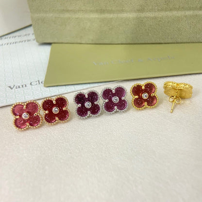 [⭐JeweliWhal]2026 NEW  CLOVER 1 MOTIFPINK ENAMEL STUD EARRINGS WITH DIAMONDS