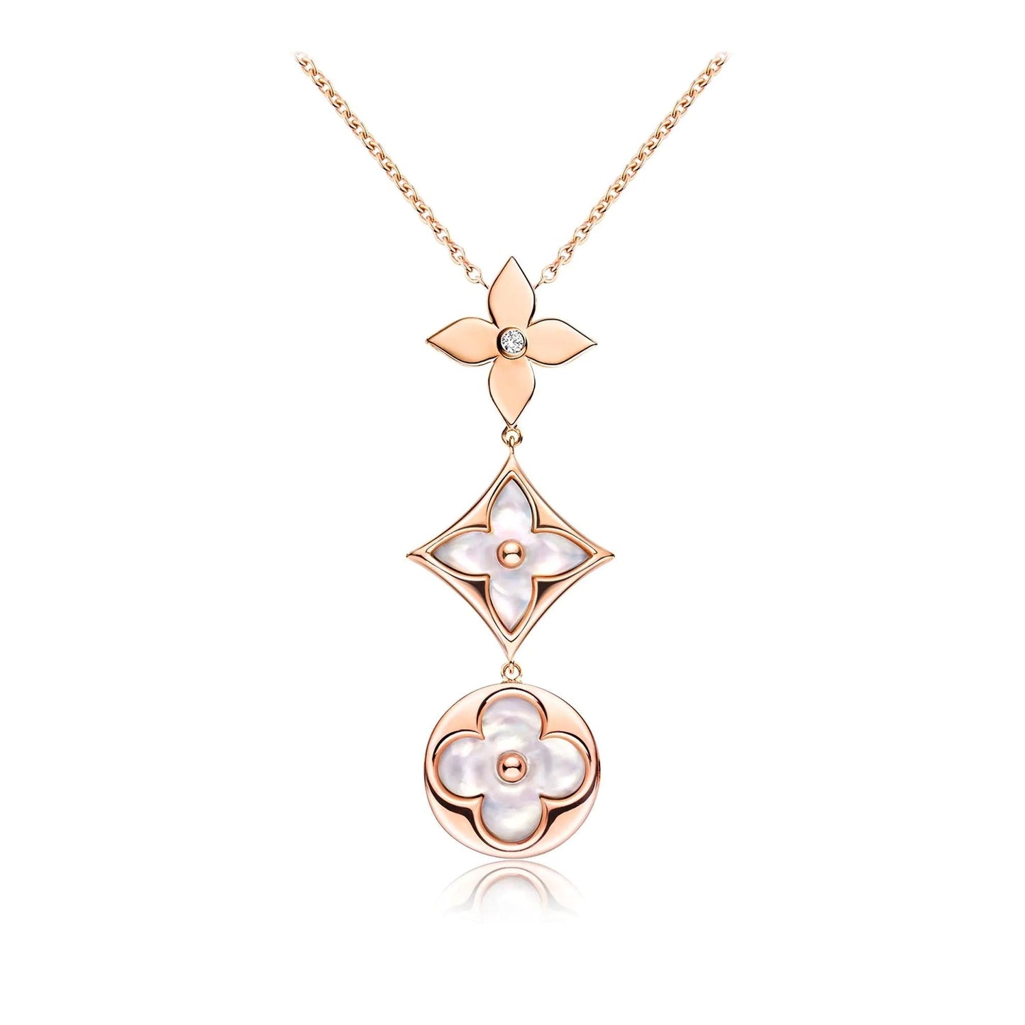 [LUXORA]COLOR BLOSSOM LARIAT NECKLACE PINK GOLD WHITE MOTHER PEARL AND DIAMOND