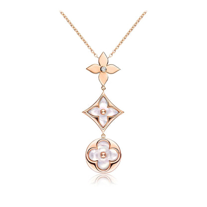 [LUXORA]COLOR BLOSSOM LARIAT NECKLACE PINK GOLD WHITE MOTHER PEARL AND DIAMOND