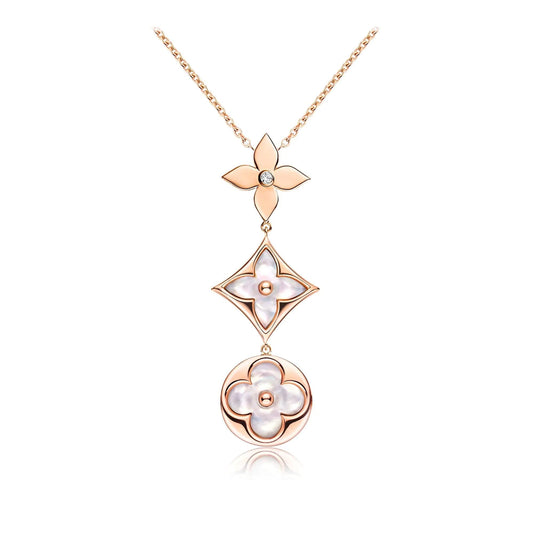 [LUXORA]COLOR BLOSSOM LARIAT NECKLACE PINK GOLD WHITE MOTHER PEARL AND DIAMOND