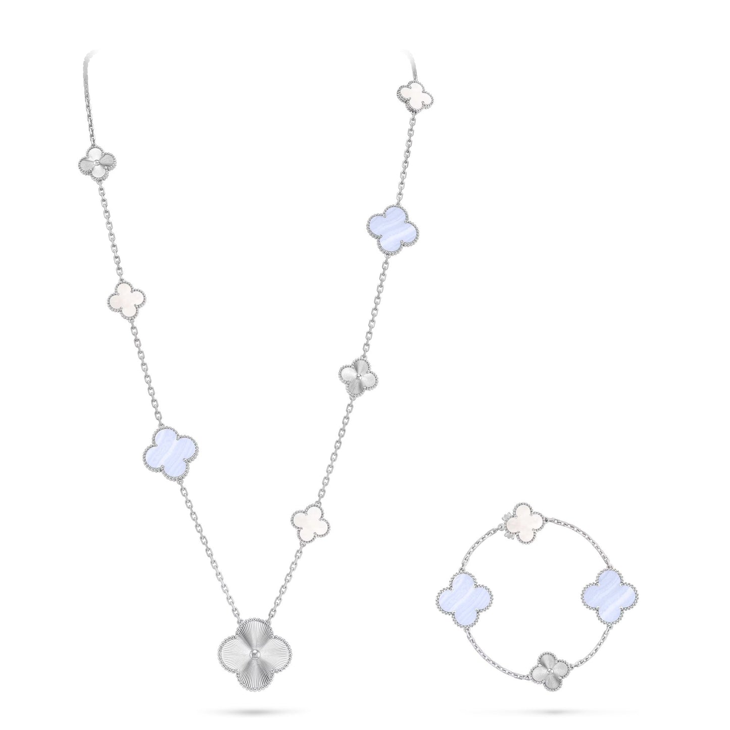 [LUXORA]DETACHABLE CLOVER 15(11+4) FLOWER SILVER NECKLACE SET