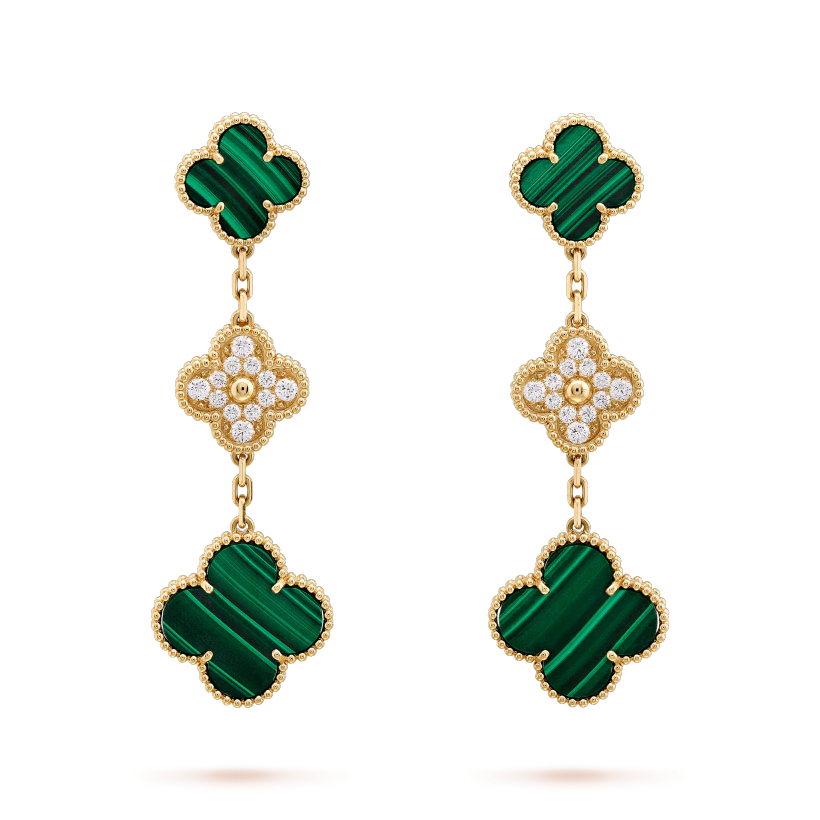 [LUXORA]CLOVER EARRINGS GOLD MALACHITE DIAMOND 3 MOTIF