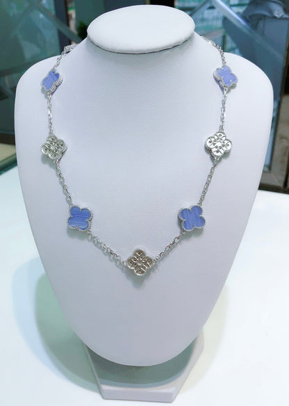[LUXORA]CLOVER 10 MOTIFS CHALCEDONY DIAMONDS SILVER NECKLACE