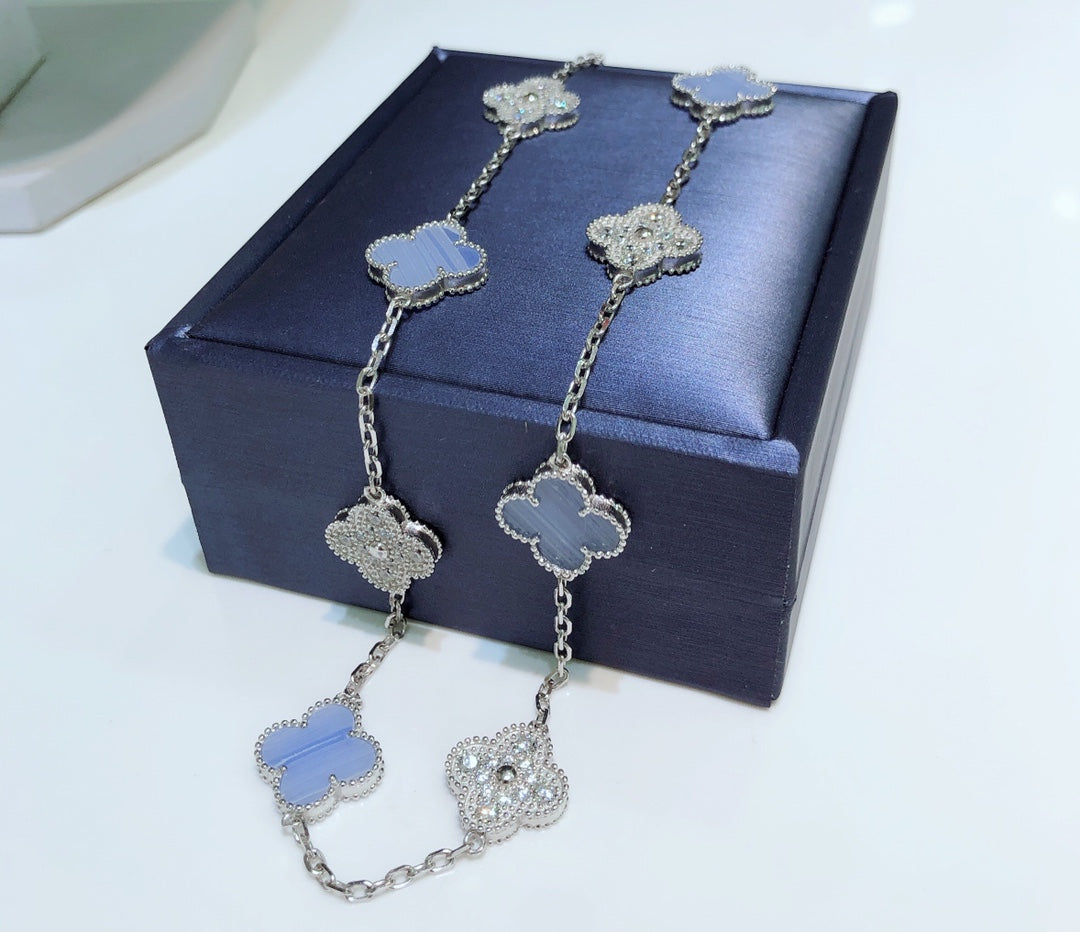 [LUXORA]CLOVER 10 MOTIFS CHALCEDONY DIAMONDS SILVER NECKLACE