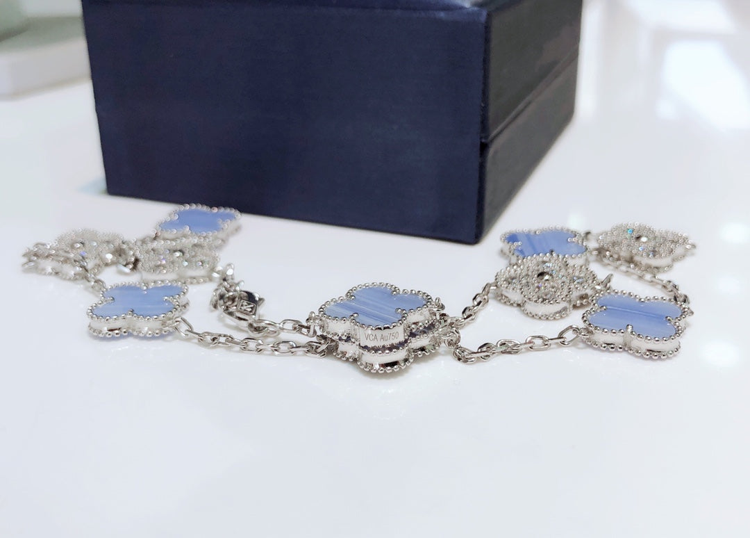 [LUXORA]CLOVER 10 MOTIFS CHALCEDONY DIAMONDS SILVER NECKLACE