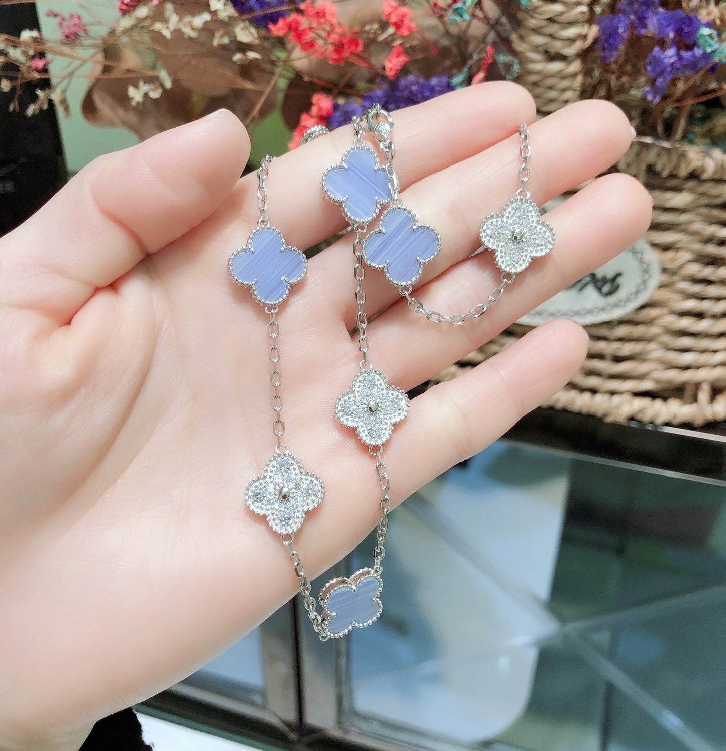 [LUXORA]CLOVER 10 MOTIFS CHALCEDONY DIAMONDS SILVER NECKLACE