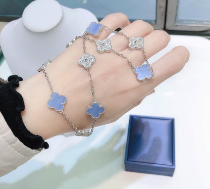 [LUXORA]CLOVER 10 MOTIFS CHALCEDONY DIAMONDS SILVER NECKLACE