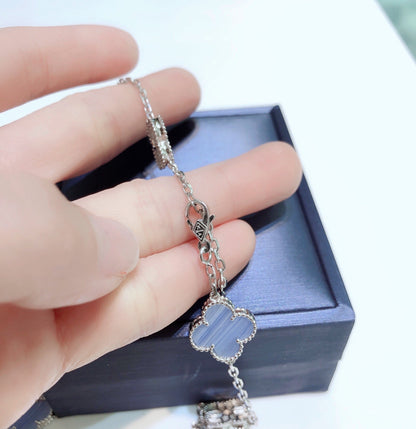 [LUXORA]CLOVER 10 MOTIFS CHALCEDONY DIAMONDS SILVER NECKLACE